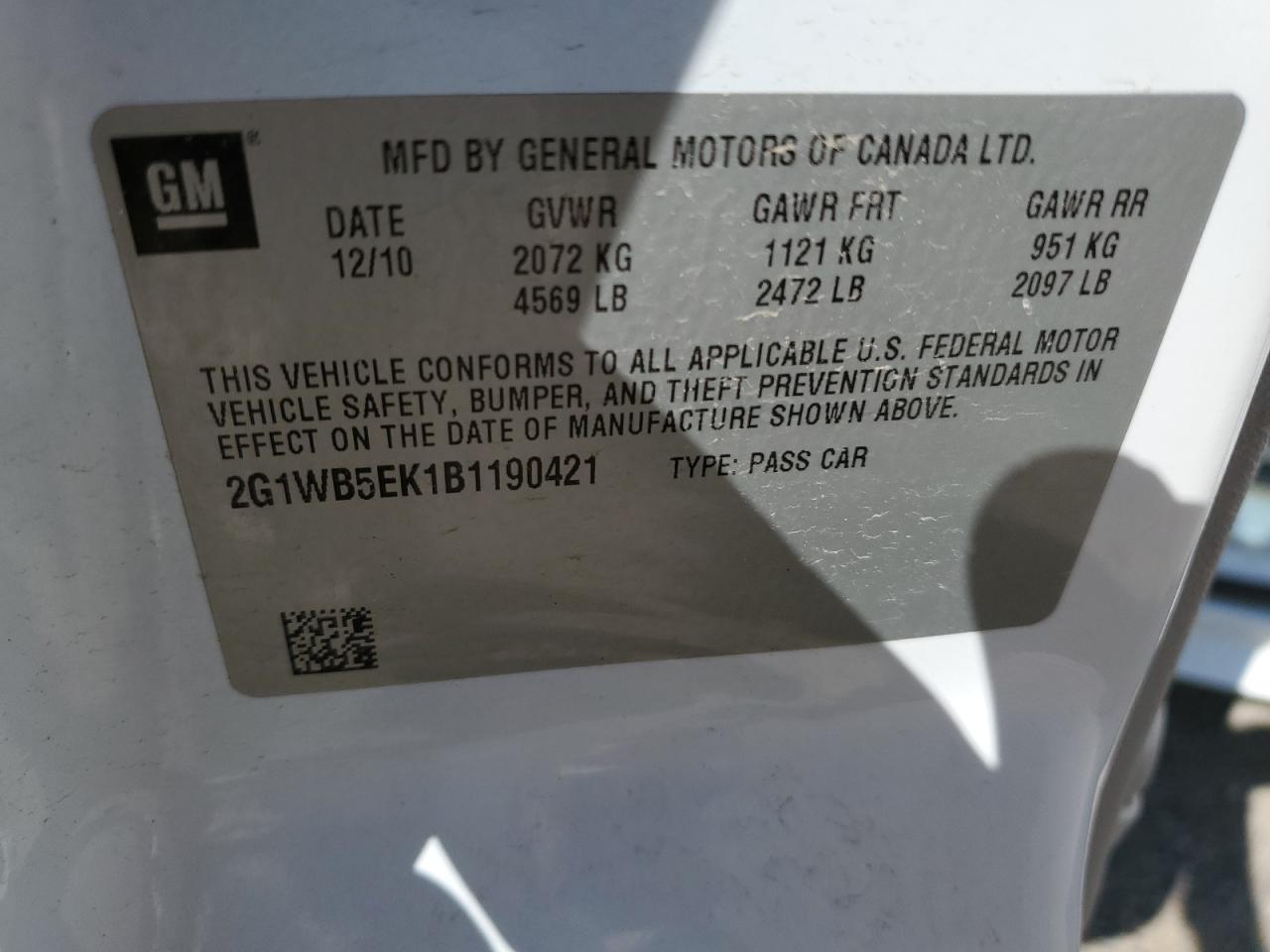 2011 Chevrolet Impala Lt VIN: 2G1WB5EK1B1190421 Lot: 61057205