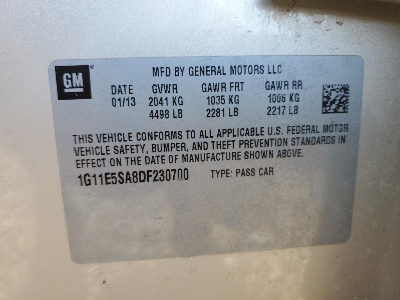 2013 Chevrolet Malibu 2Lt VIN: 1G11E5SA8DF230700 Lot: 59986965