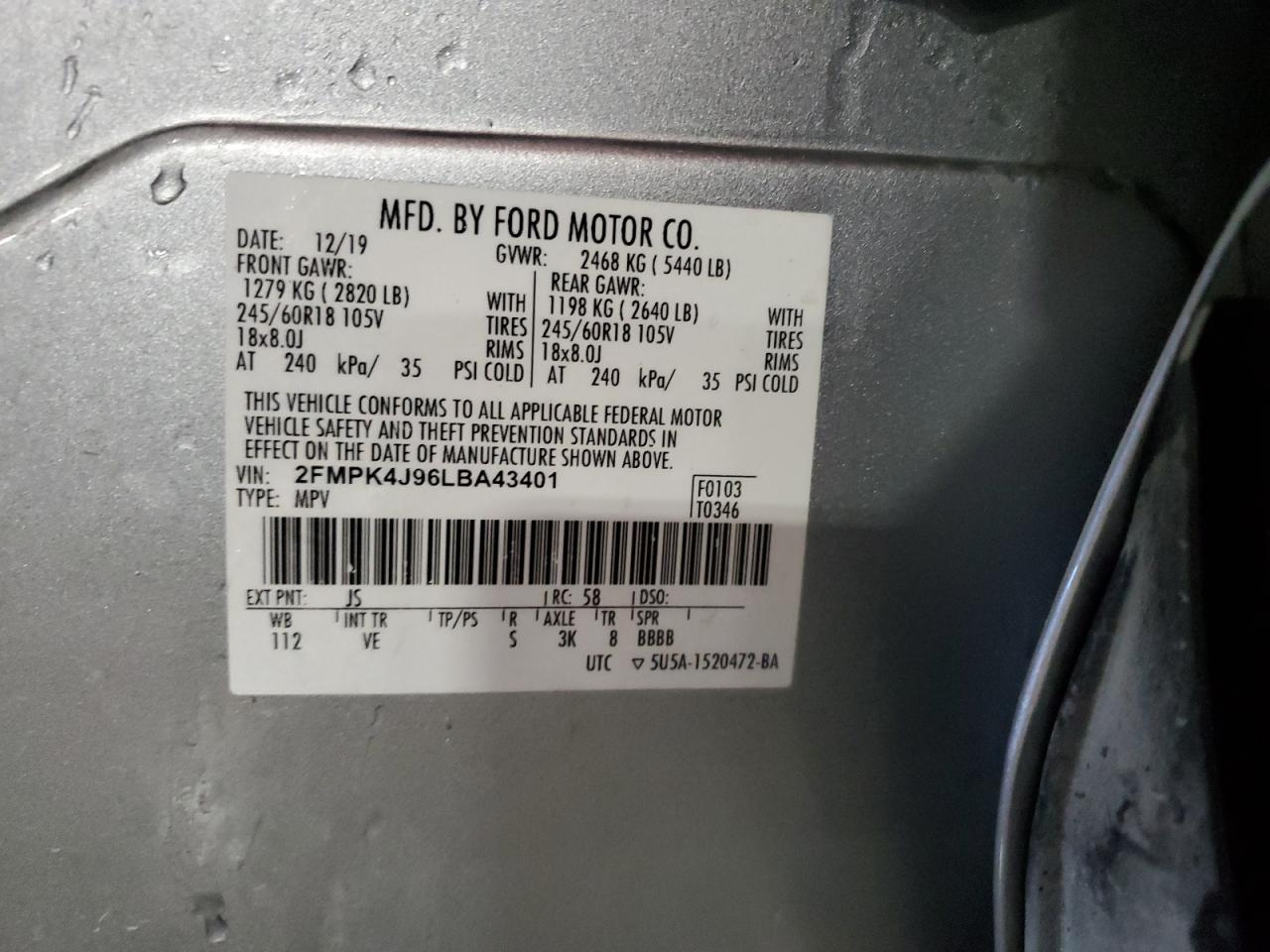 2020 Ford Edge Sel VIN: 2FMPK4J96LBA43401 Lot: 62109815