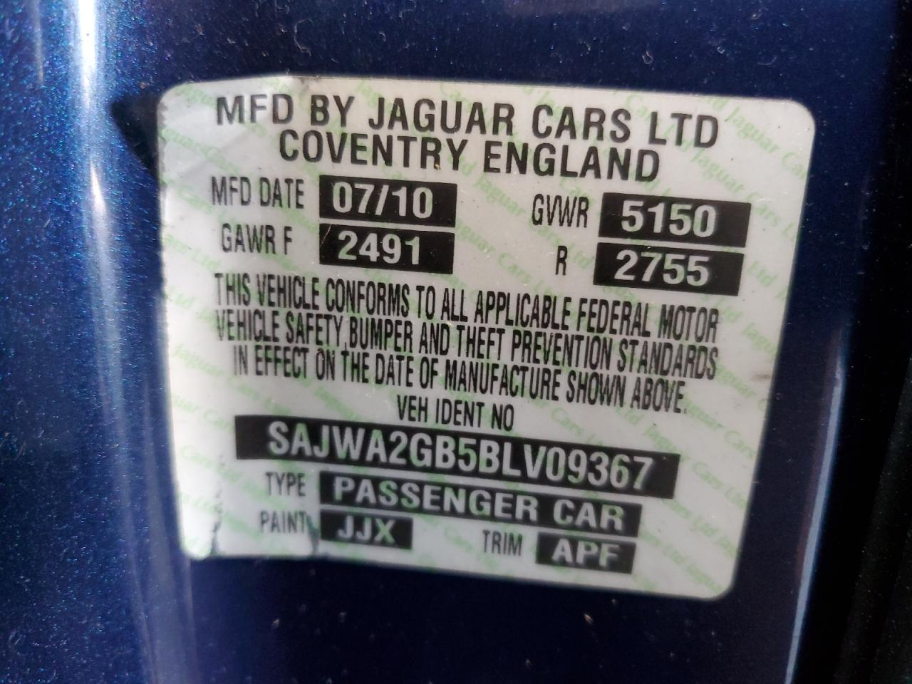 2011 Jaguar Xjl VIN: SAJWA2GB5BLV09367 Lot: 62585415