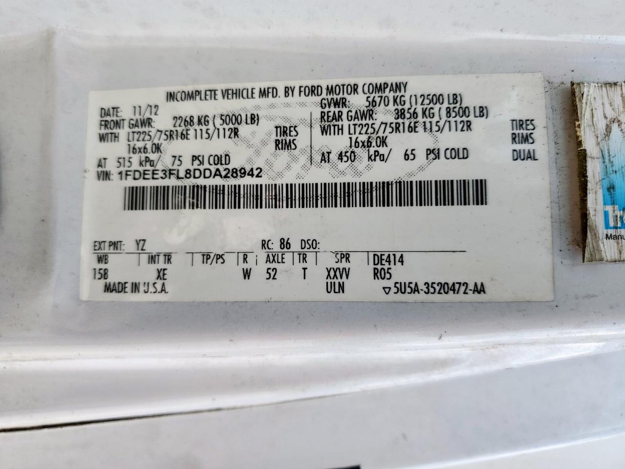 2013 Ford Econoline E350 Super Duty Cutaway Van VIN: 1FDEE3FL8DDA28942 Lot: 61859125