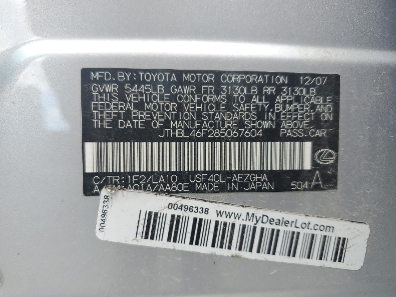 2008 Lexus Ls 460 VIN: JTHBL46F285067604 Lot: 61845475