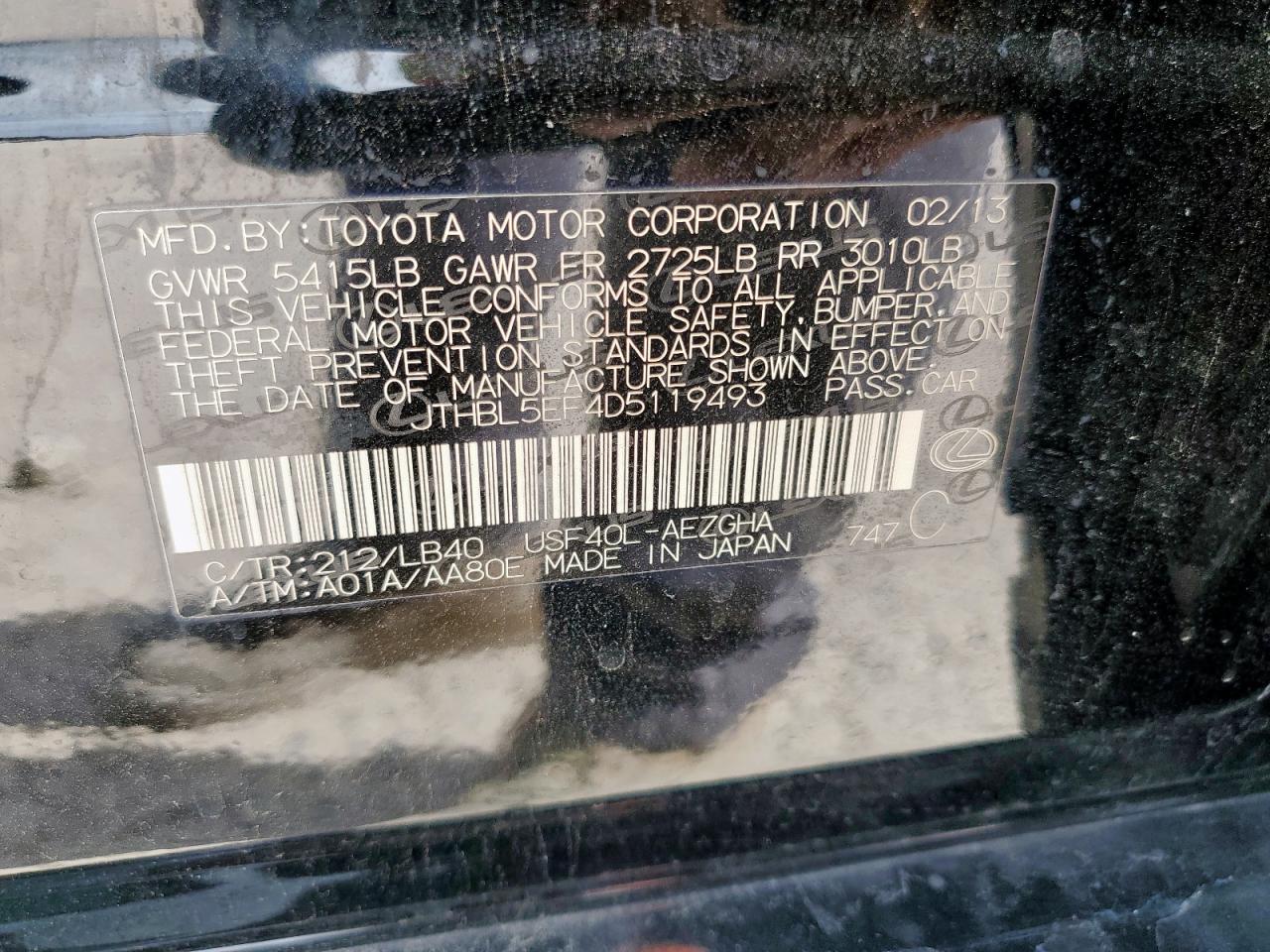 2013 Lexus Ls 460 VIN: JTHBL5EF4D5119493 Lot: 61296395