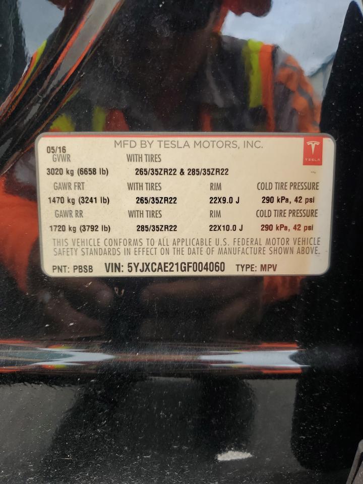 2016 Tesla Model X VIN: 5YJXCAE21GF004060 Lot: 59554355