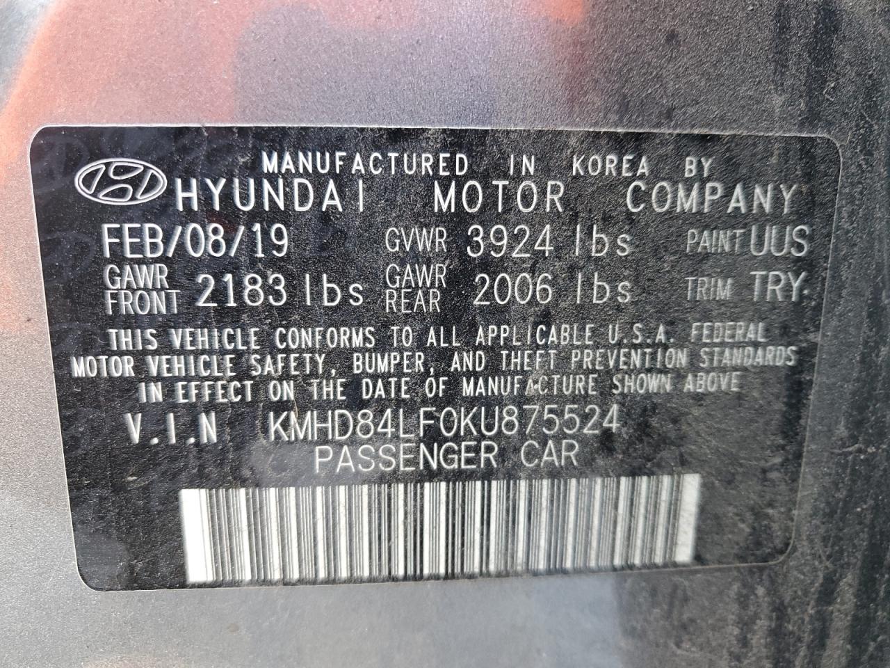 2019 Hyundai Elantra Sel VIN: KMHD84LF0KU875524 Lot: 62356425
