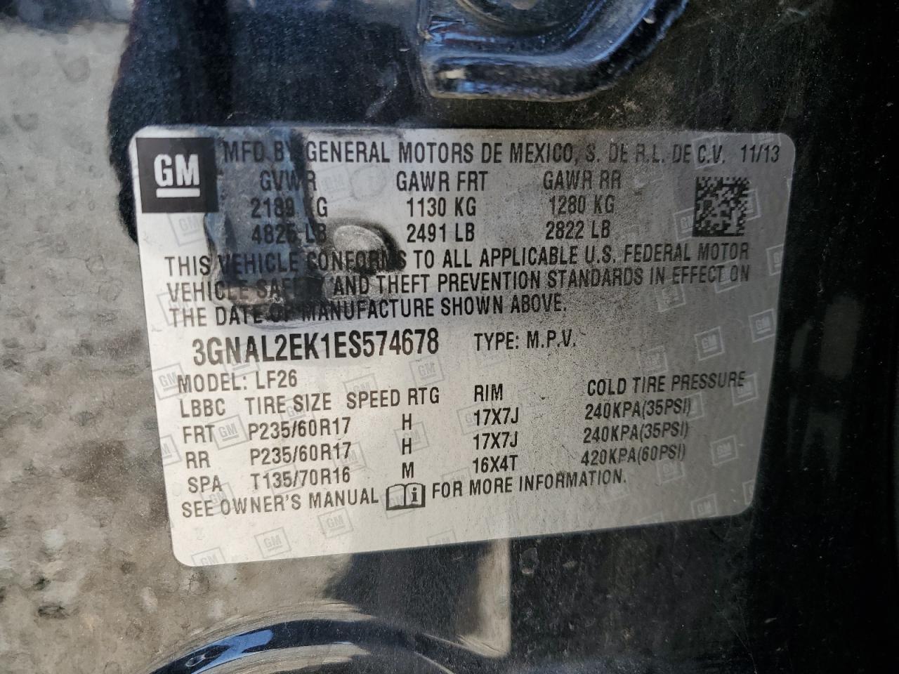 2014 Chevrolet Captiva Ls VIN: 3GNAL2EK1ES574678 Lot: 62187605