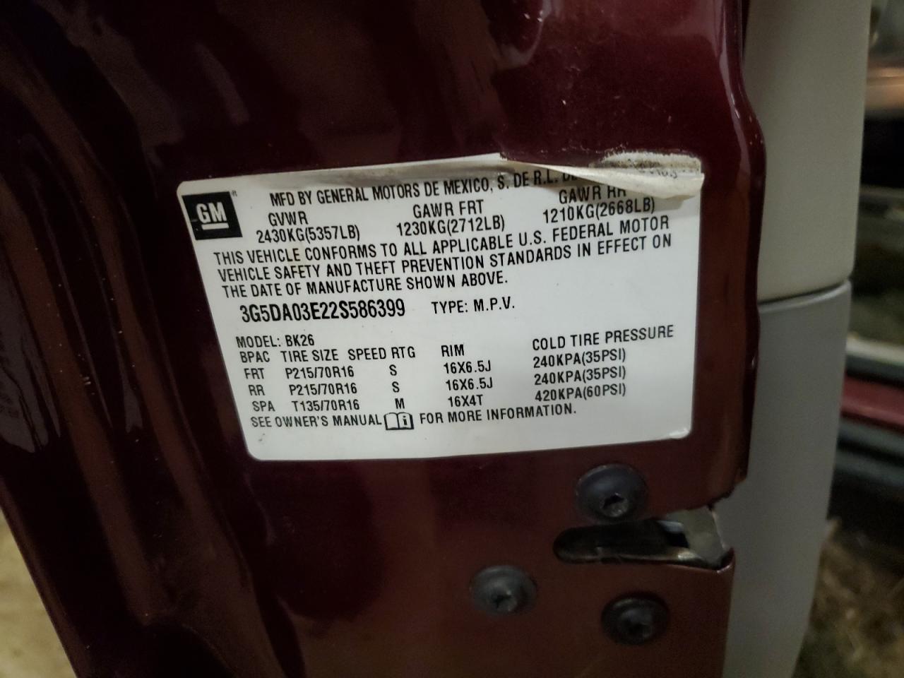 2002 Buick Rendezvous Cx VIN: 3G5DA03E22S586399 Lot: 62715295