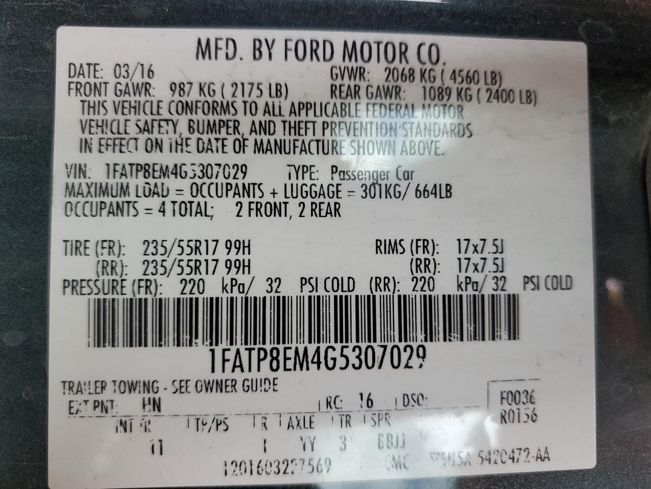 2016 Ford Mustang VIN: 1FATP8EM4G5307029 Lot: 61586285