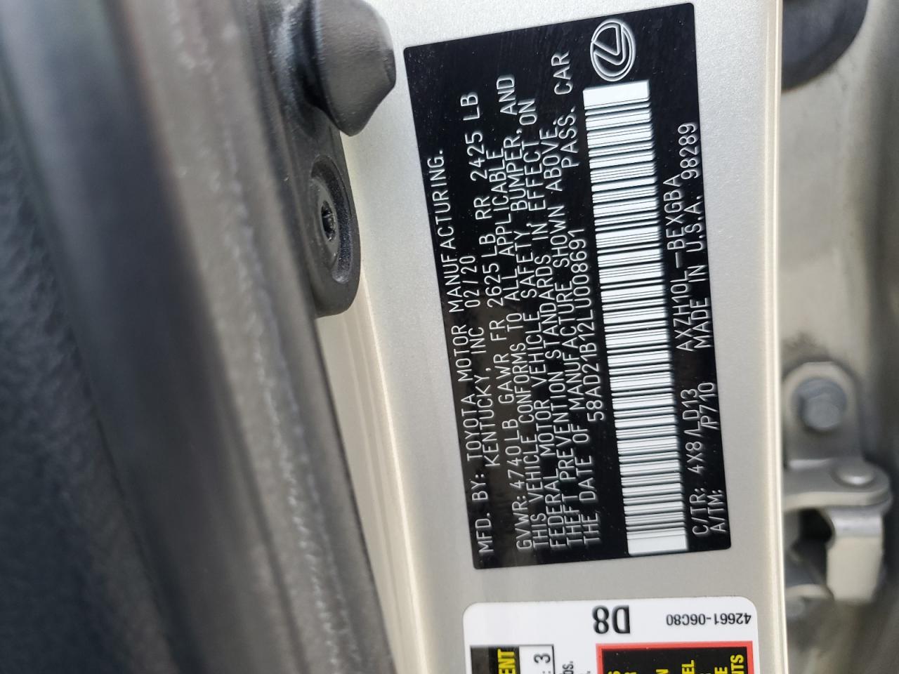 2020 Lexus Es 300H VIN: 58AD21B12LU008691 Lot: 60406695