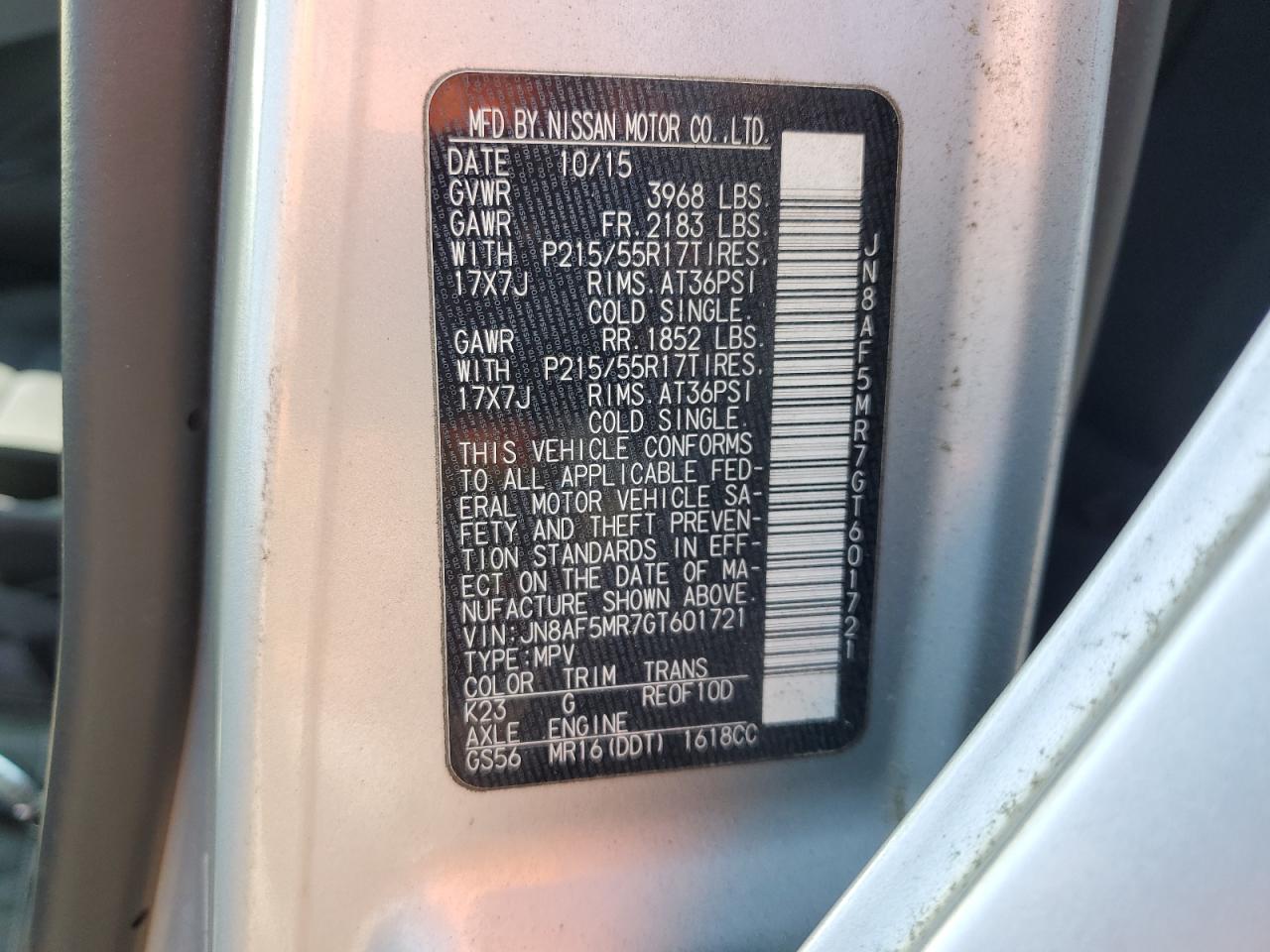 2016 Nissan Juke S VIN: JN8AF5MR7GT601721 Lot: 60782355