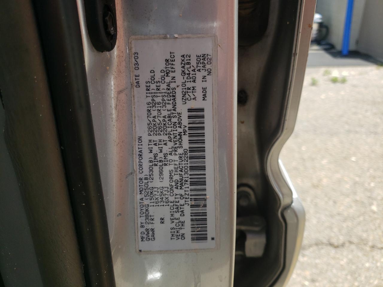 2003 Toyota 4Runner Limited VIN: JTEZT17R130012280 Lot: 59670685