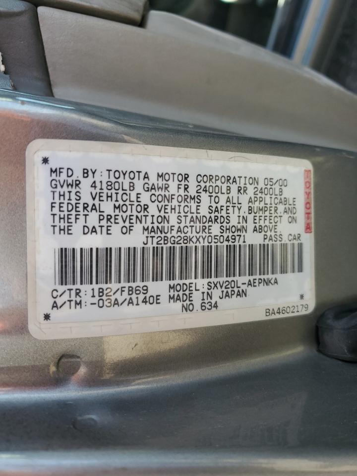 2000 Toyota Camry Le VIN: JT2BG28KXY0504971 Lot: 60898055
