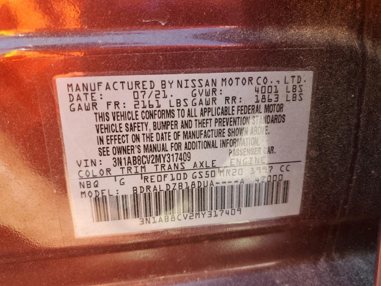 2021 Nissan Sentra Sv VIN: 3N1AB8CV2MY317409 Lot: 62712215