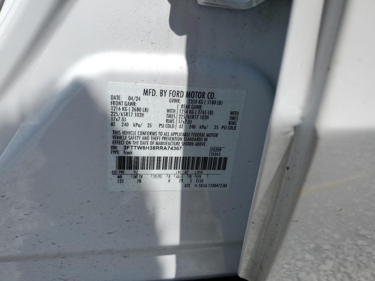 2024 Ford Maverick Xlt VIN: 3FTTW8H38RRA74367 Lot: 61716445