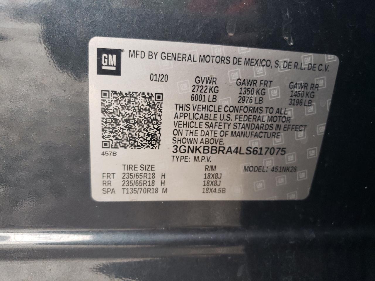 2020 Chevrolet Blazer 1Lt VIN: 3GNKBBRA4LS617075 Lot: 60503765