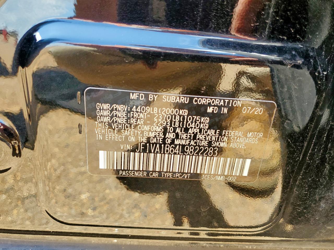 2020 Subaru Wrx Premium VIN: JF1VA1B64L9822283 Lot: 60916095