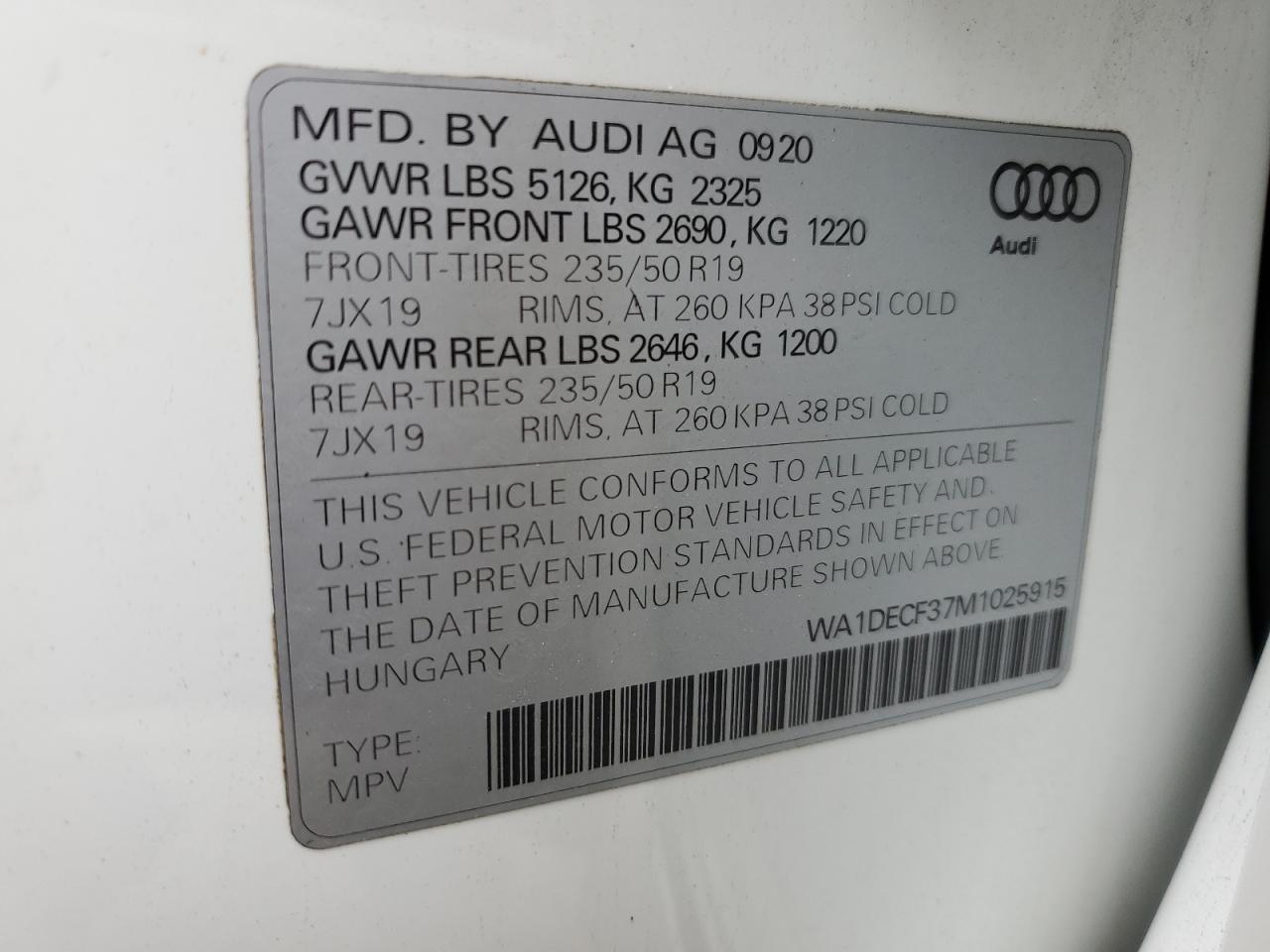 2021 Audi Q3 Premium S Line 45 VIN: WA1DECF37M1025915 Lot: 62556005