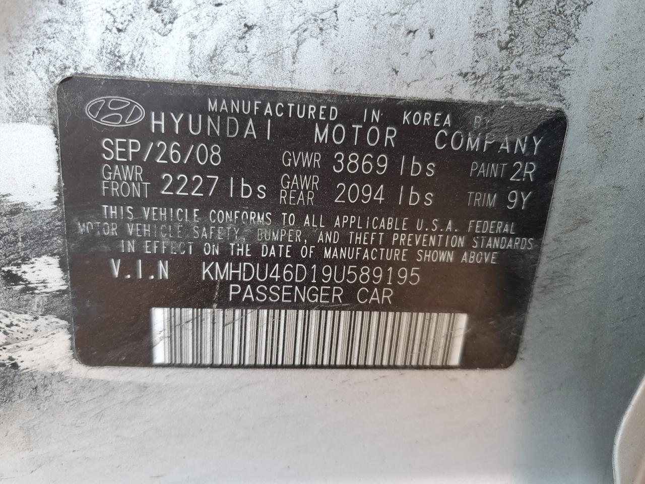 HYUNDAI ELANTRA 2009 VIN KMHDU46D19U589195 photo 12