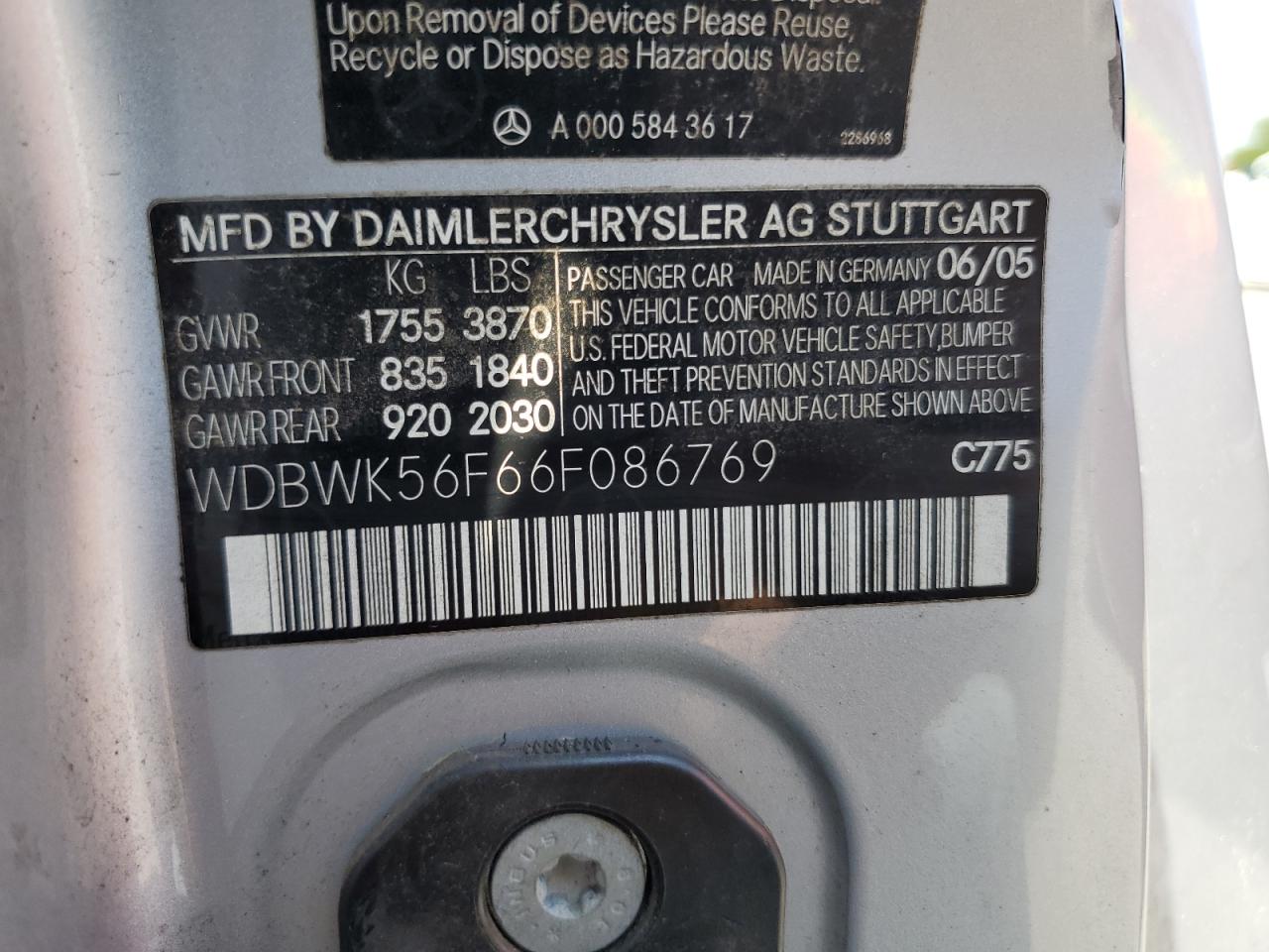 2006 Mercedes-Benz Slk 350 VIN: WDBWK56F66F086769 Lot: 62657335