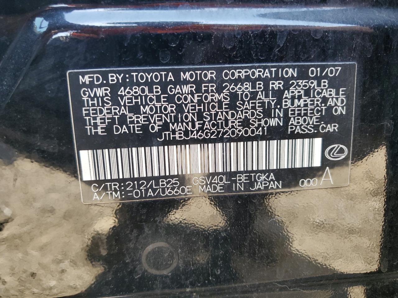 2007 Lexus Es 350 VIN: JTHBJ46G272090041 Lot: 62953605