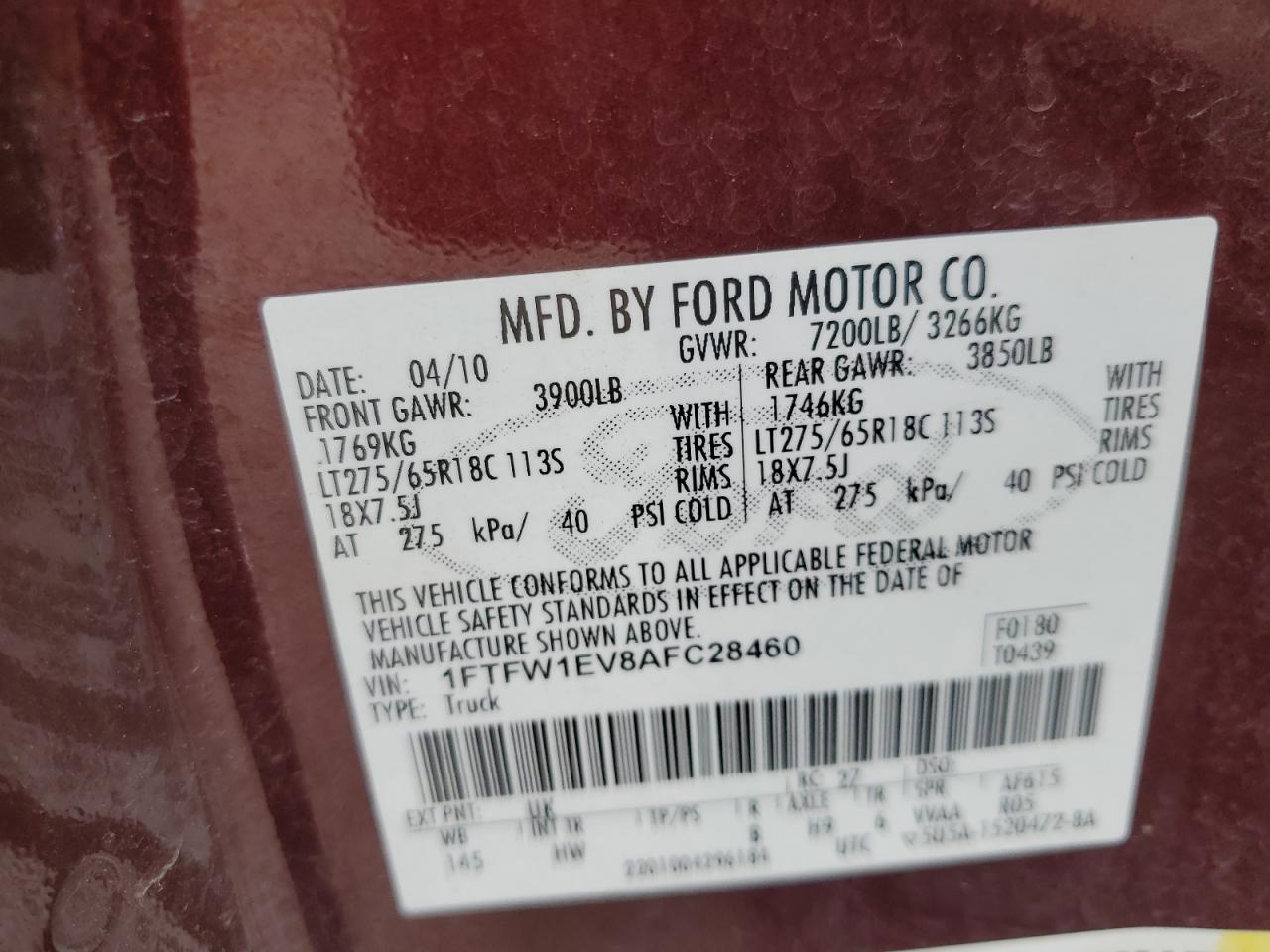 2010 Ford F150 Supercrew VIN: 1FTFW1EV8AFC28460 Lot: 59471675