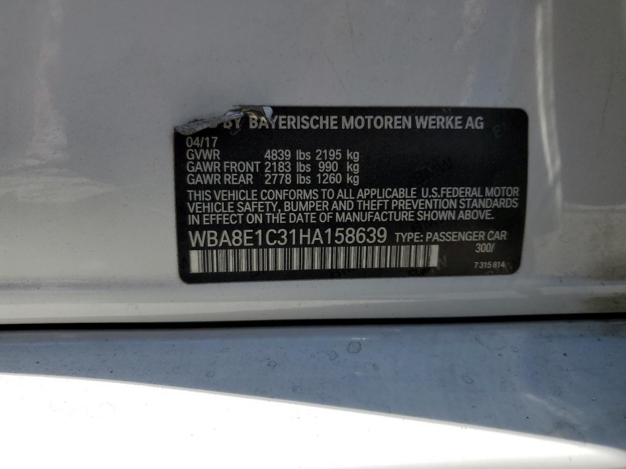 2017 BMW 330E VIN: WBA8E1C31HA158639 Lot: 62419055