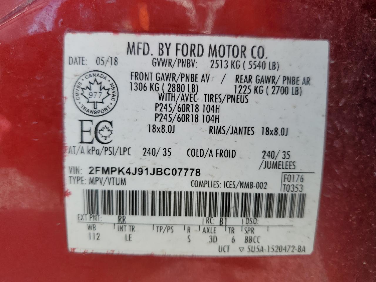 2018 Ford Edge Sel VIN: 2FMPK4J91JBC07778 Lot: 62349295