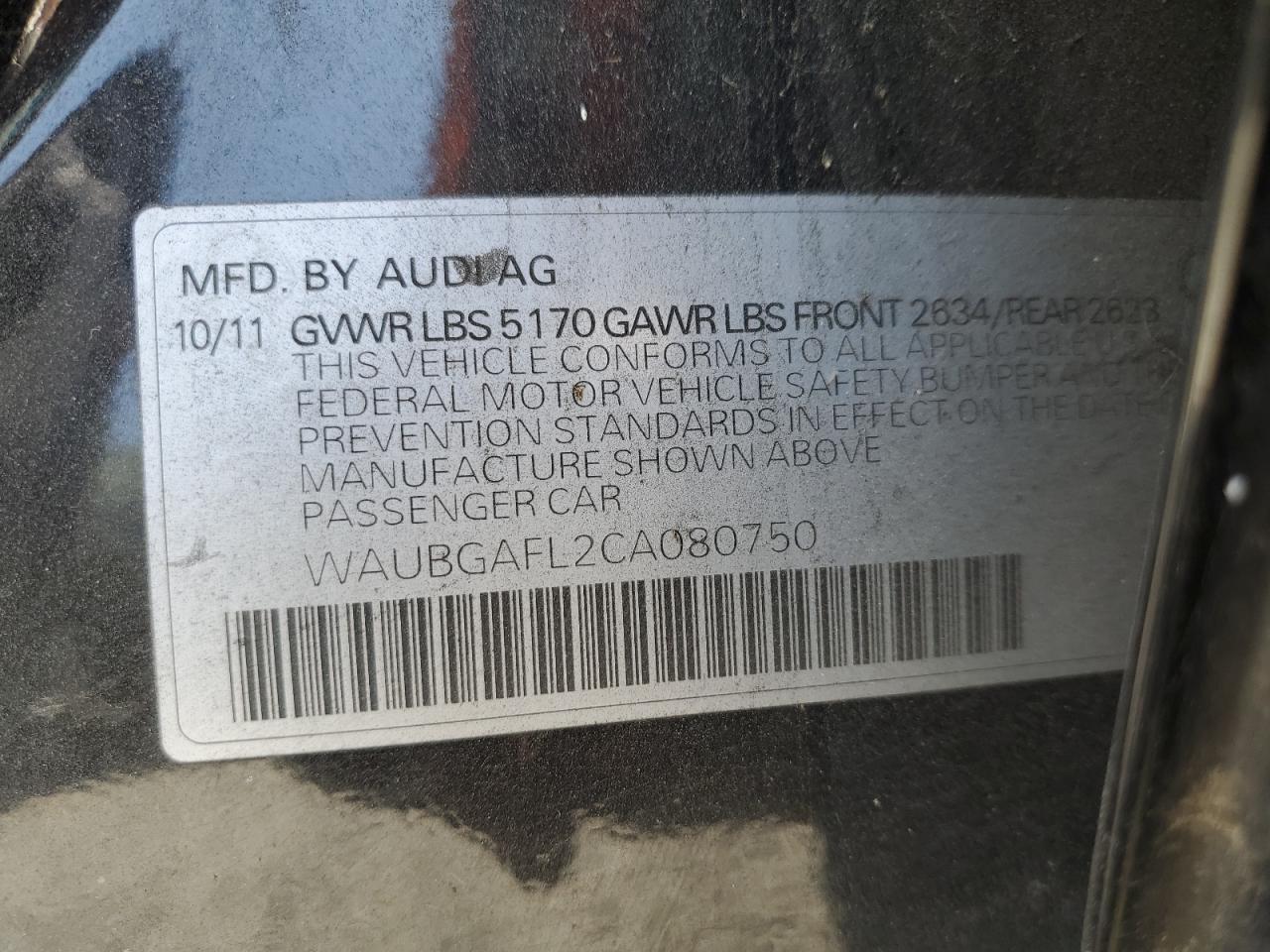 2012 Audi S4 Premium Plus VIN: WAUBGAFL2CA080750 Lot: 56068955