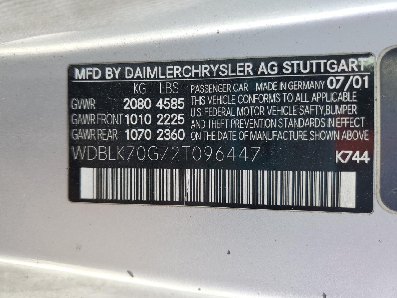 2002 Mercedes-Benz Clk 430 VIN: WDBLK70G72T096447 Lot: 60435555