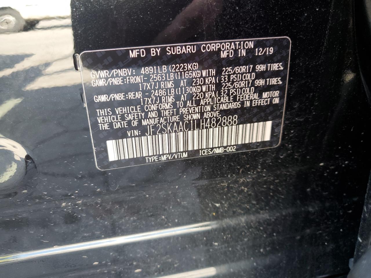 2020 Subaru Forester VIN: JF2SKAAC1LH482888 Lot: 61899895