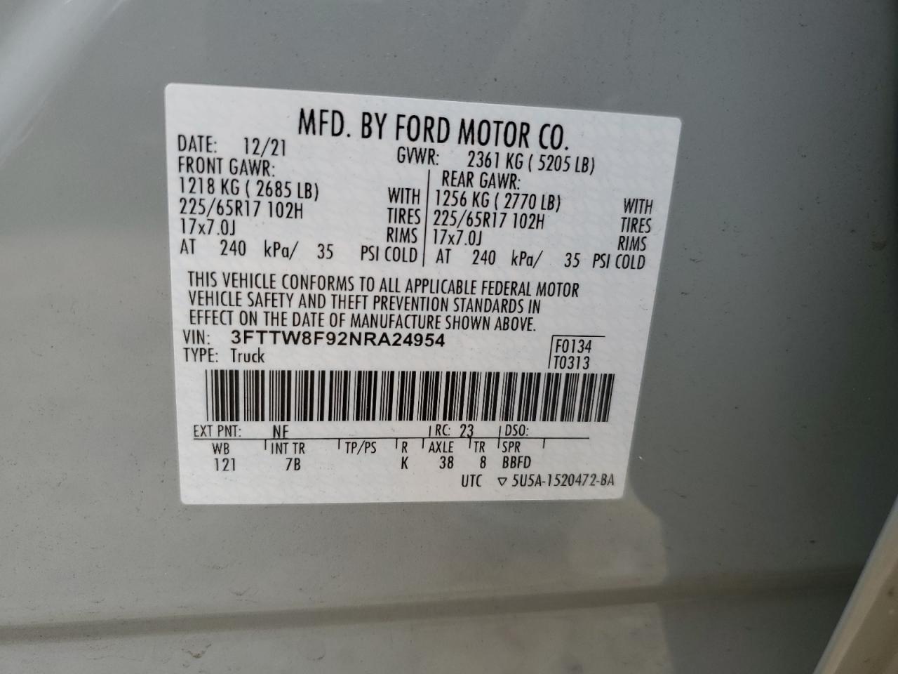 2022 Ford Maverick Xl VIN: 3FTTW8F92NRA24954 Lot: 59331885