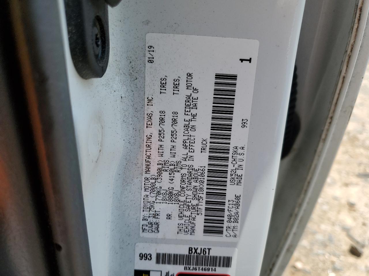 2019 Toyota Tundra Double Cab Sr VIN: 5TFTY5F18KX010661 Lot: 62647095