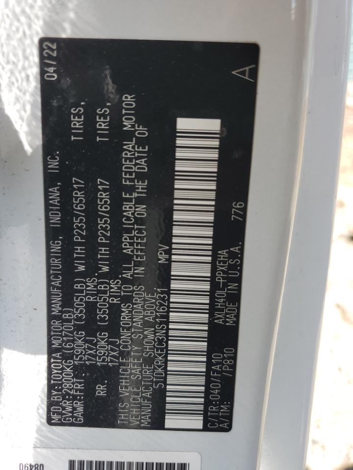2022 Toyota Sienna Le VIN: 5TDKRKEC3NS116231 Lot: 59980255