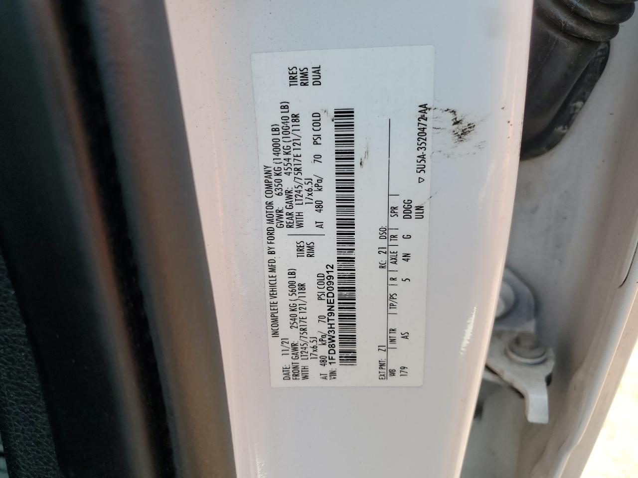 VIN: 1FD8W3HT9NED09912 2022 FORD F350