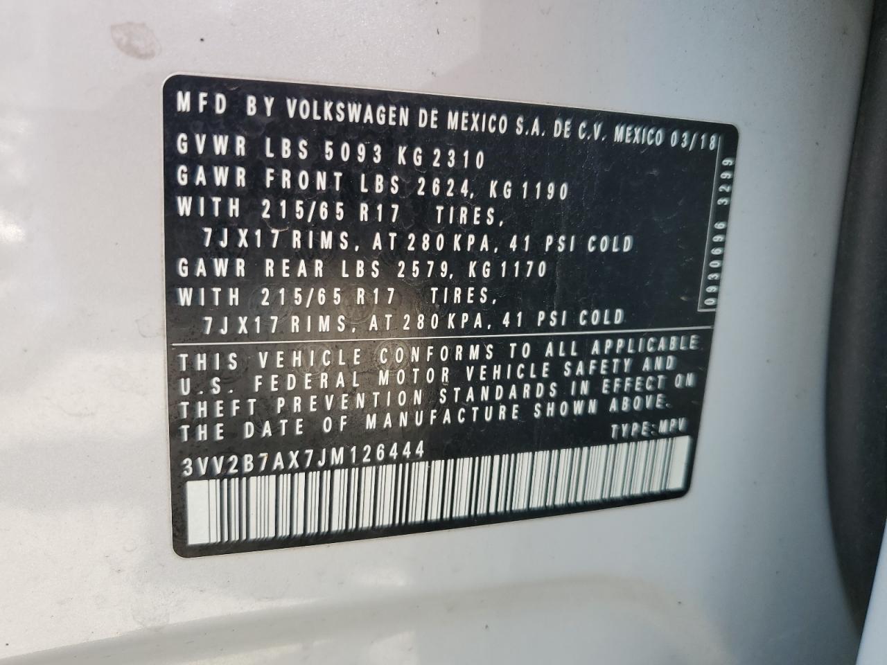 2018 Volkswagen Tiguan Se VIN: 3VV2B7AX7JM126444 Lot: 61574485