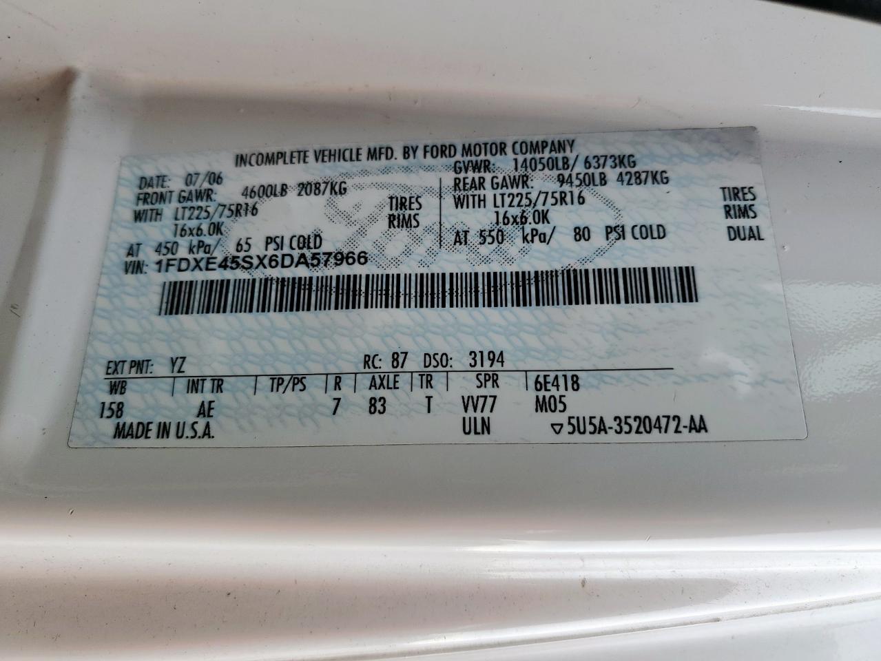 2006 Ford Econoline E450 Super Duty Cutaway Van VIN: 1FDXE45SX6DA57966 Lot: 85588425