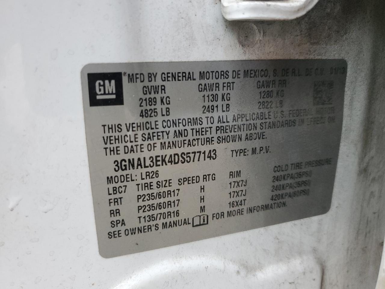 2013 Chevrolet Captiva Lt VIN: 3GNAL3EK4DS577143 Lot: 61652845