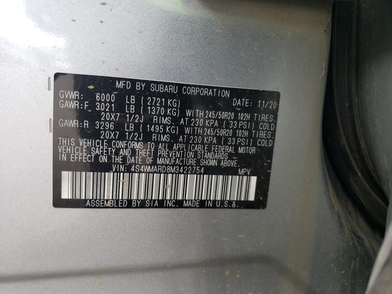 2021 Subaru Ascent Touring VIN: 4S4WMARD8M3422754 Lot: 61889085