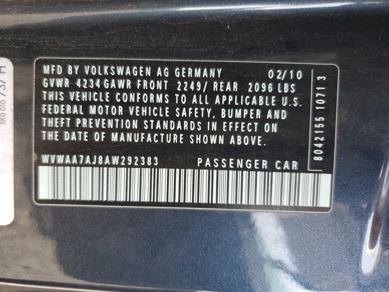 2010 Volkswagen Golf VIN: WVWAA7AJ8AW292383 Lot: 60374035