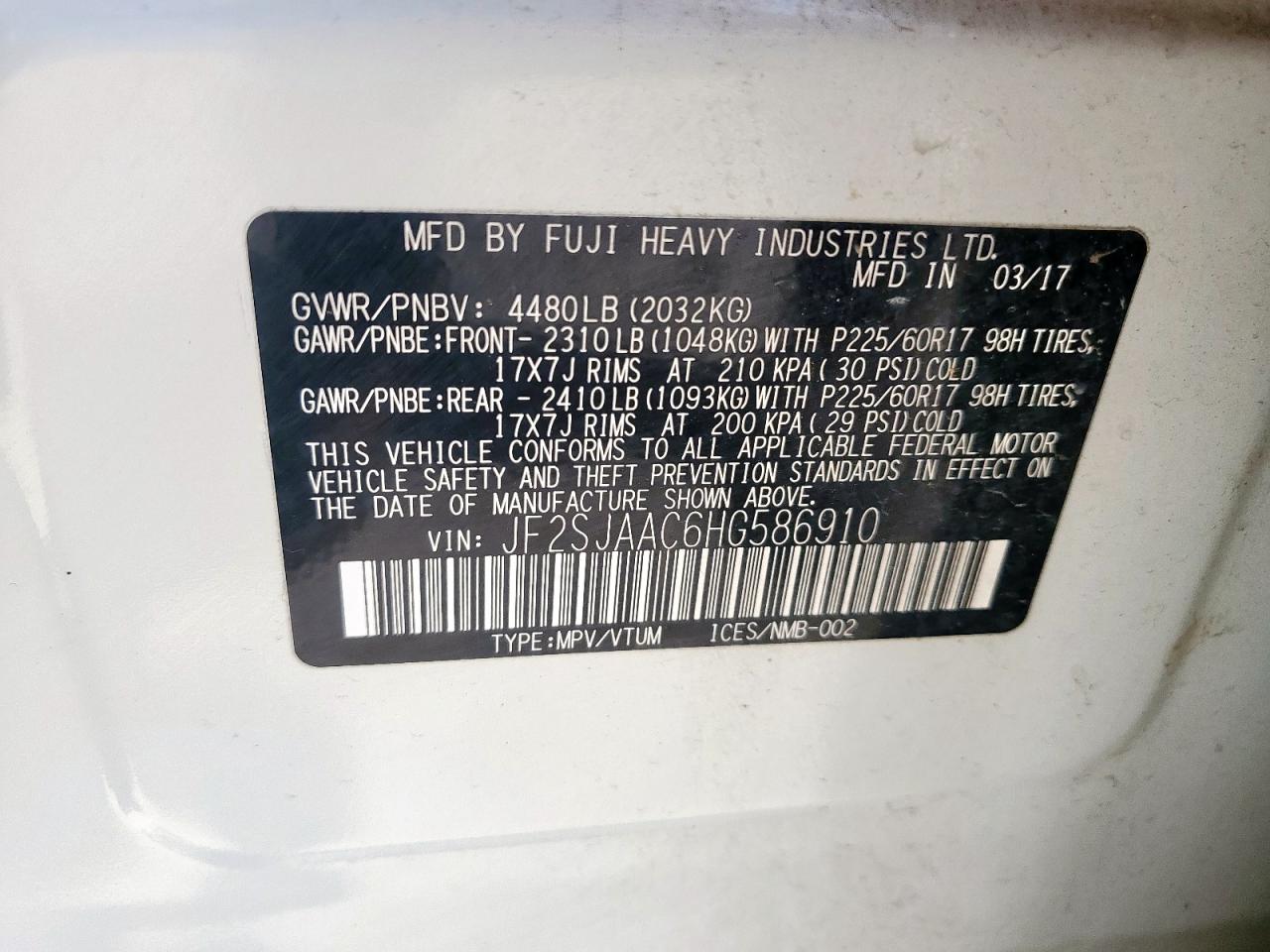 2017 Subaru Forester 2.5I VIN: JF2SJAAC6HG586910 Lot: 60804665