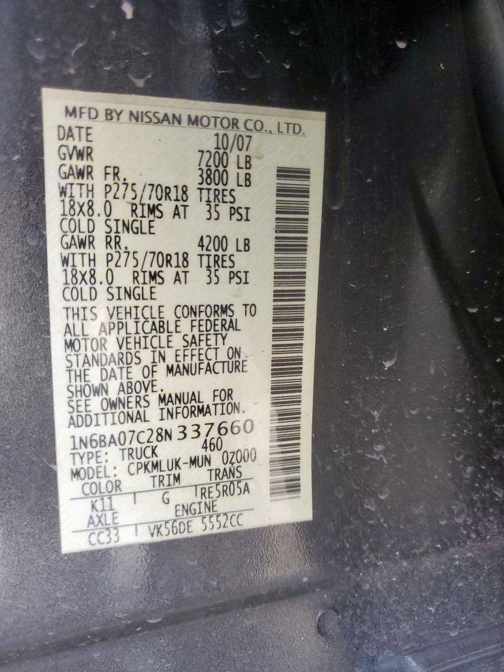 2008 Nissan Titan Xe VIN: 1N6BA07C28N337660 Lot: 62126655