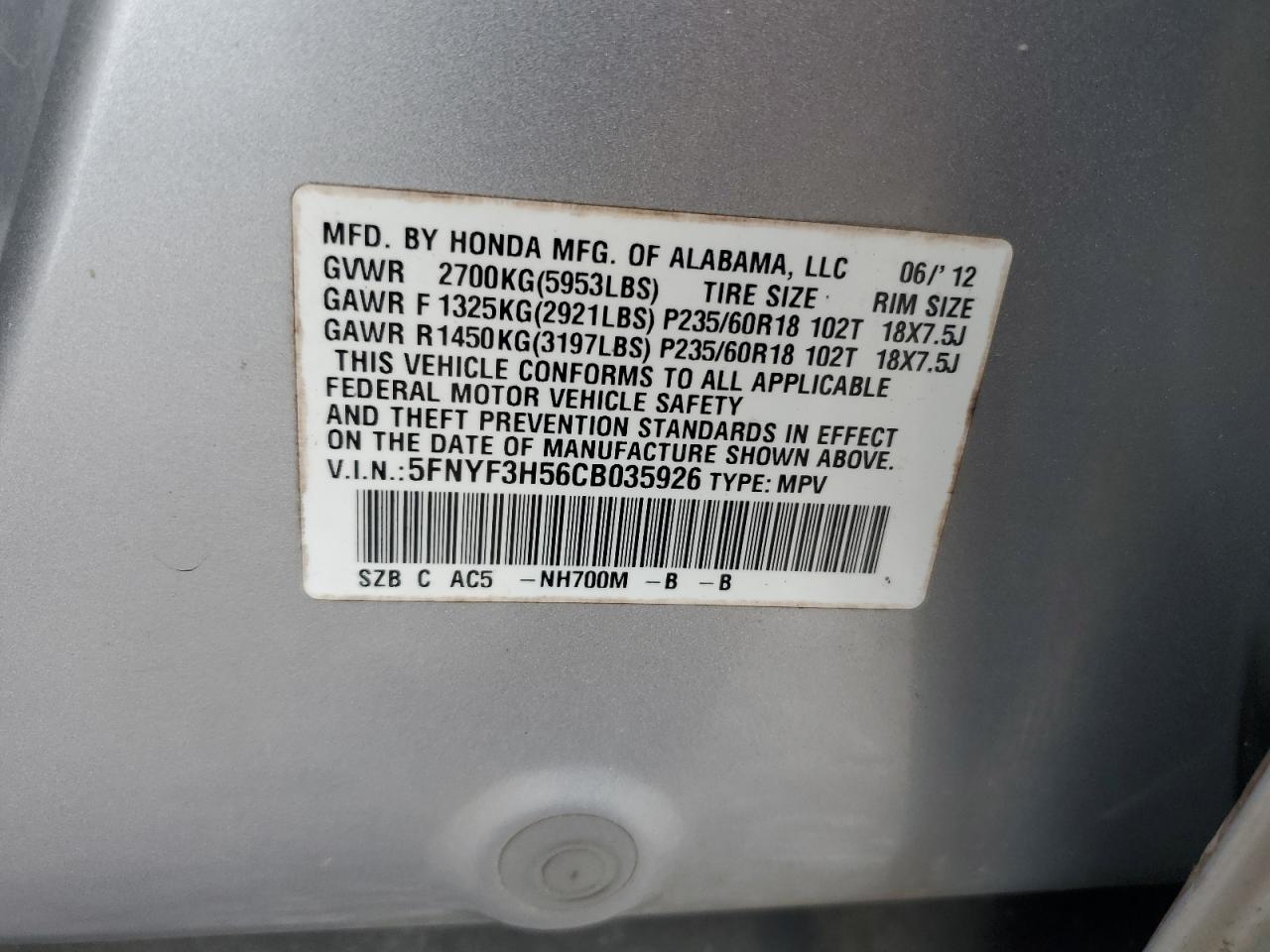 2012 Honda Pilot Exl VIN: 5FNYF3H56CB035926 Lot: 62183115