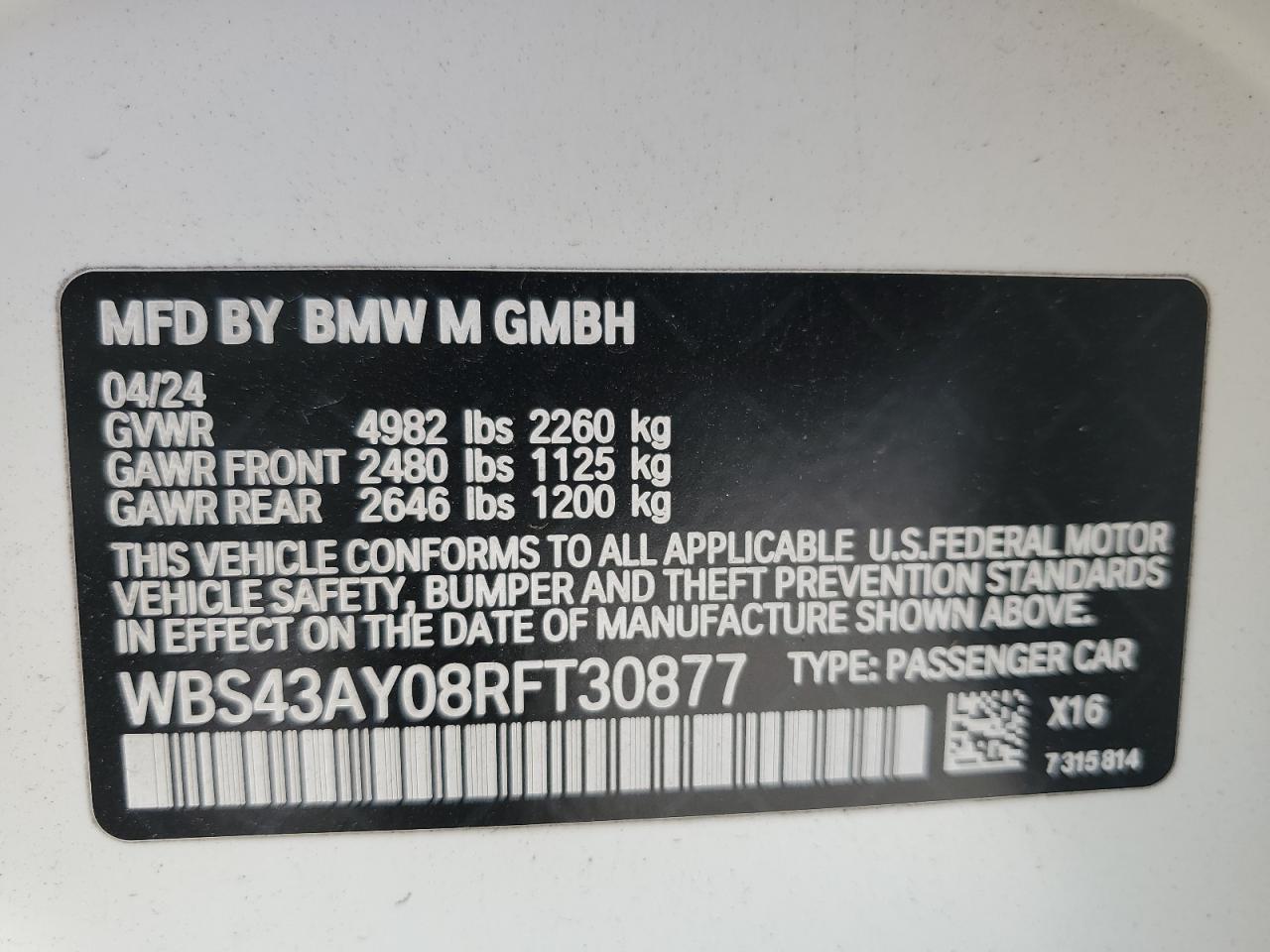 2024 BMW M3 Competition VIN: WBS43AY08RFT30877 Lot: 61649565