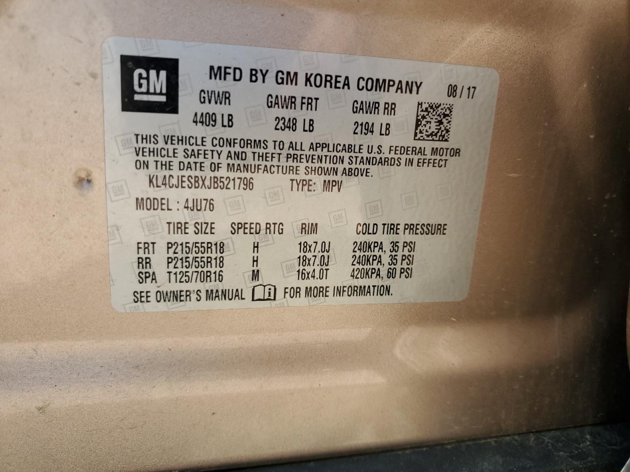 2018 Buick Encore Preferred VIN: KL4CJESBXJB521796 Lot: 61399685