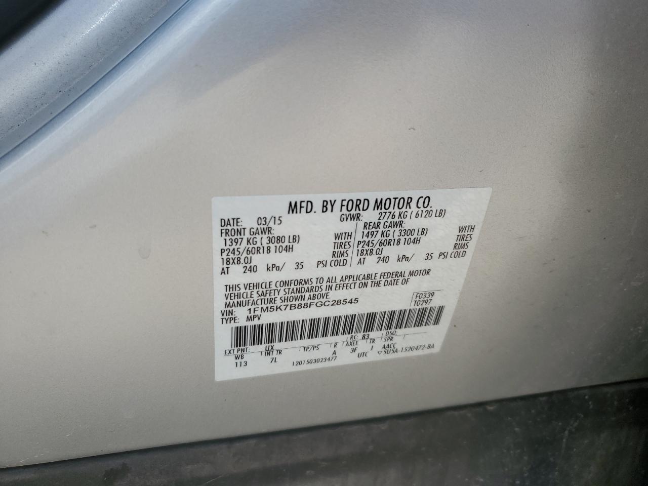 2015 Ford Explorer VIN: 1FM5K7B88FGC28545 Lot: 62856845
