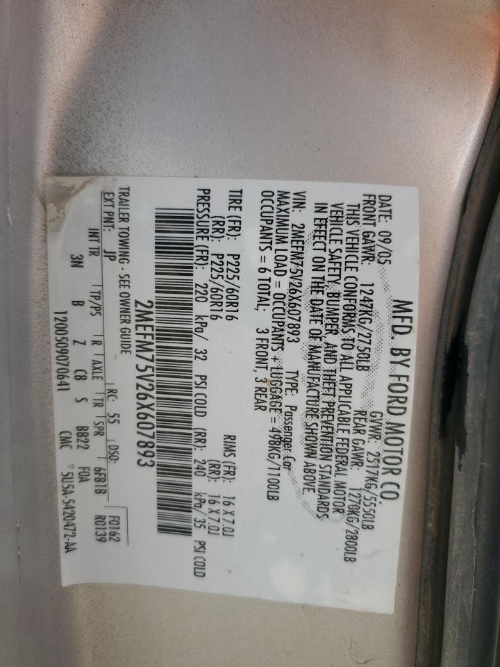 2006 Mercury Grand Marquis Ls VIN: 2MEFM75V26X607893 Lot: 61391045