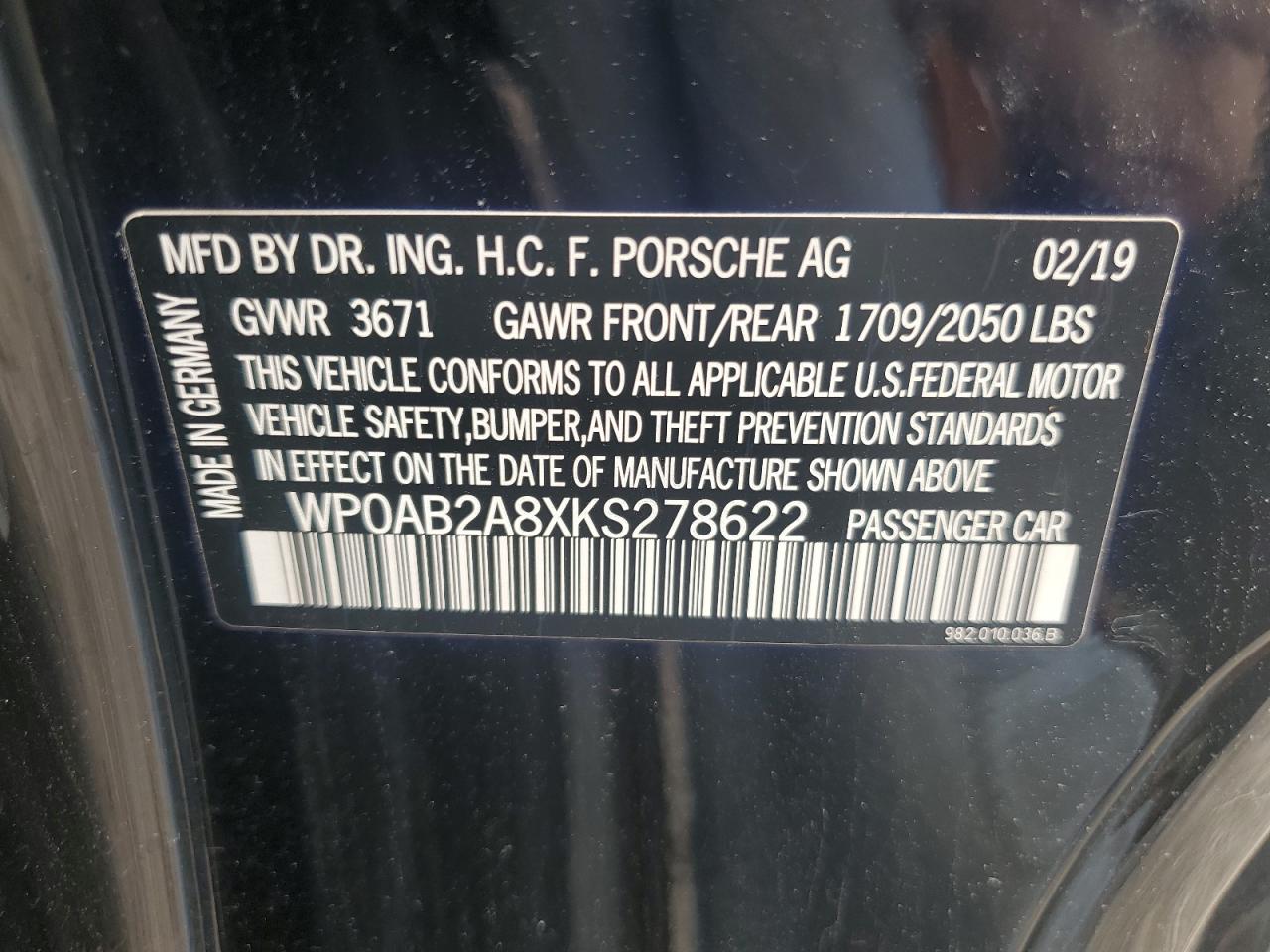2019 Porsche Cayman S VIN: WP0AB2A8XKS278622 Lot: 62858315