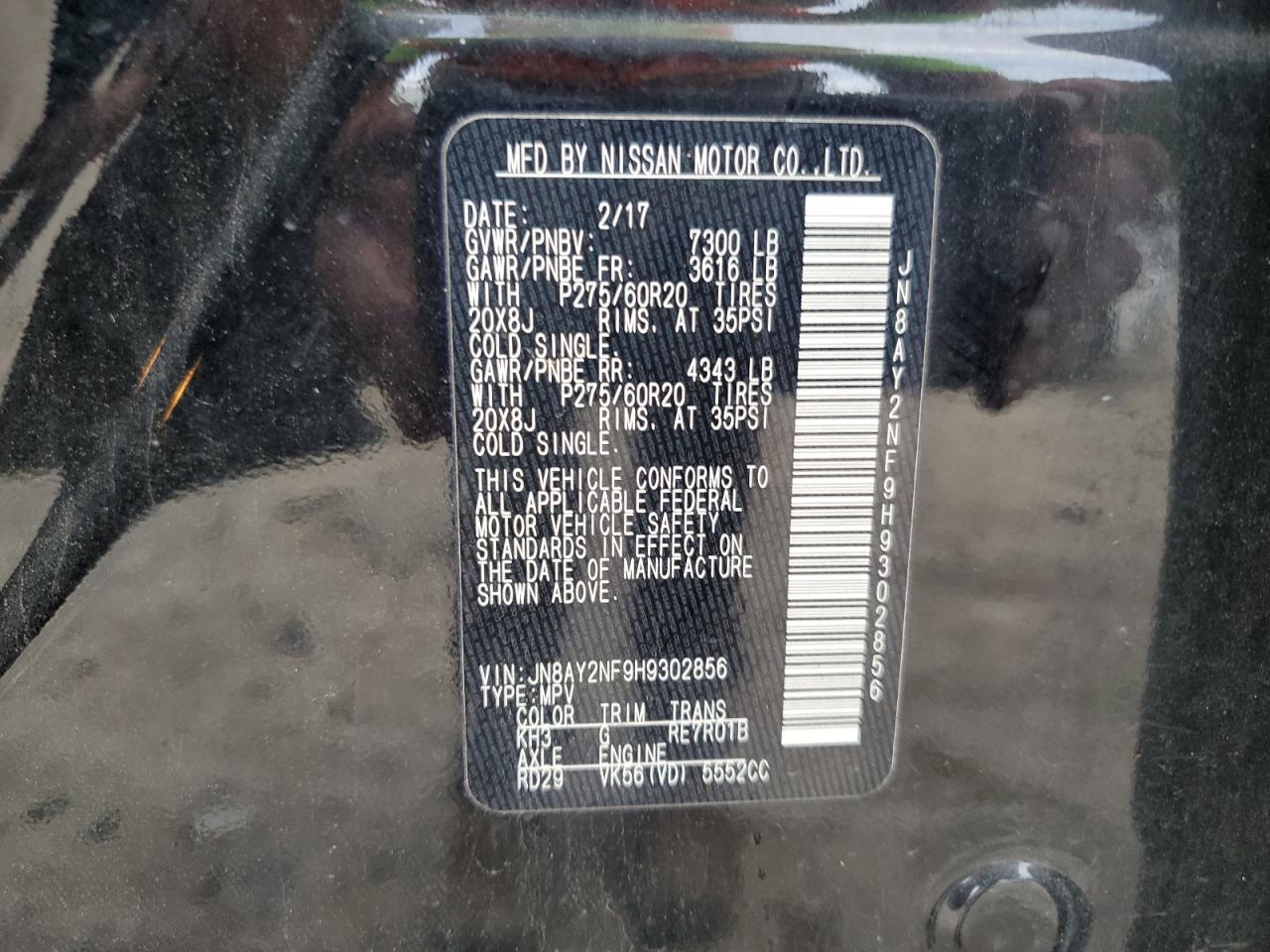2017 Nissan Armada Platinum VIN: JN8AY2NF9H9302856 Lot: 60226345
