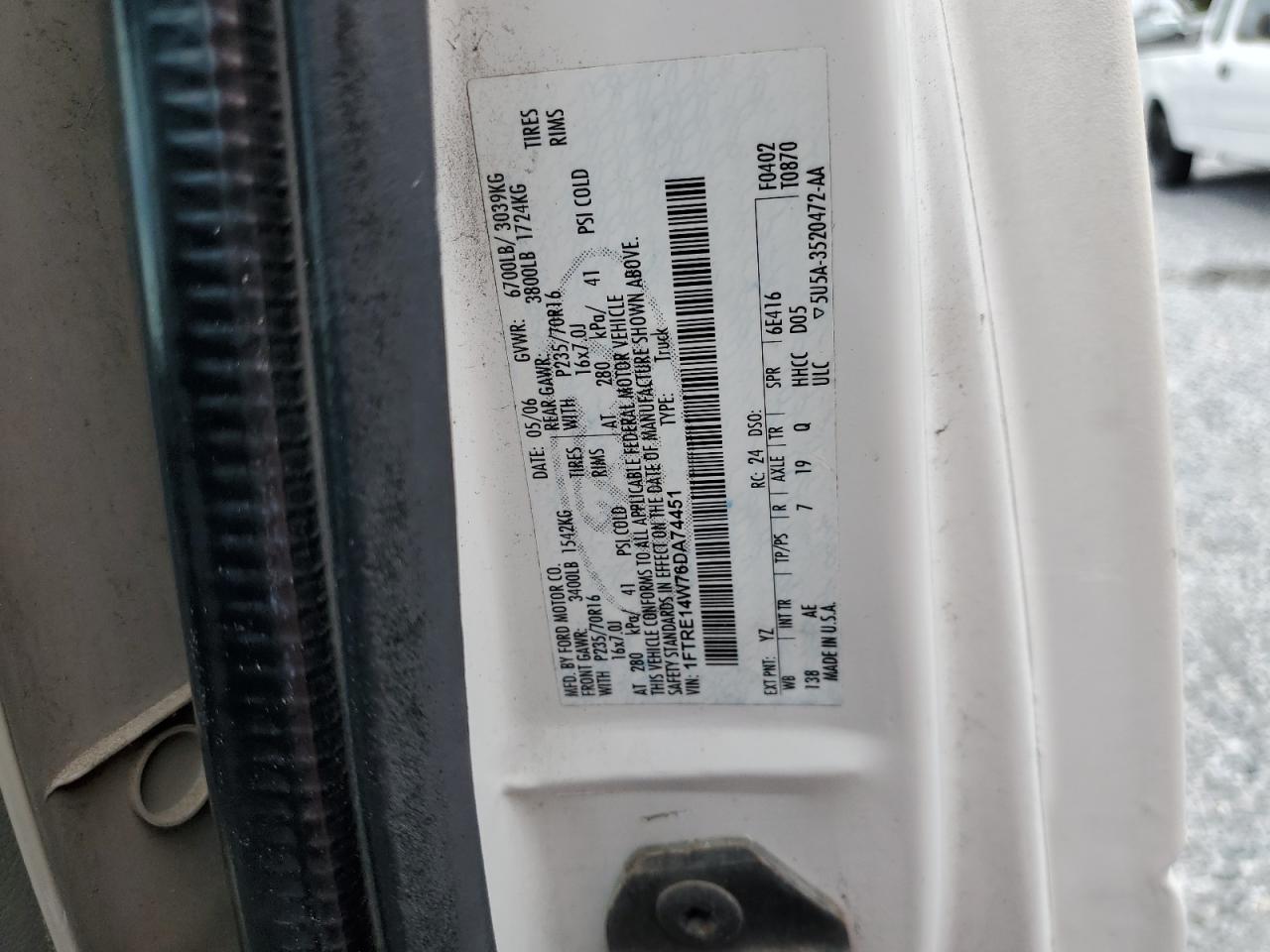 2006 Ford Econoline E150 Van VIN: 1FTRE14W76DA74451 Lot: 62505075