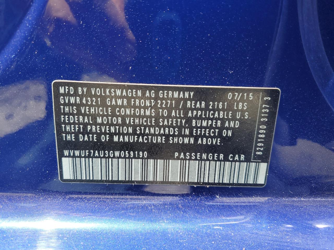2016 Volkswagen Golf R VIN: WVWUF7AU3GW059190 Lot: 61567045